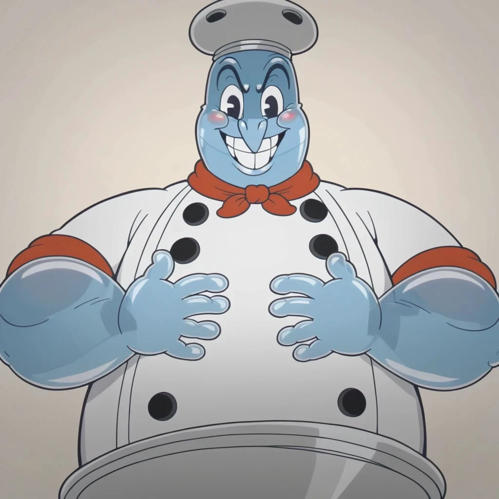 1boy, chef saltbaker, 1930s animation, salt shaker lid head, anthropomorphic salt shaker, white chef shirt, fat man, male, round body, blue skin tone, solo, round body shape, fat man body, bulky arms, four-fingered hands, large hands, thick forearms, no ears, cartoon eyes, black eyes, 4k, masterpiece, best quality, highly detailed, simple background, close up, low angle, upper body, face focus, white background, fat man, cartoon style, relaxing pose, Hands on waist