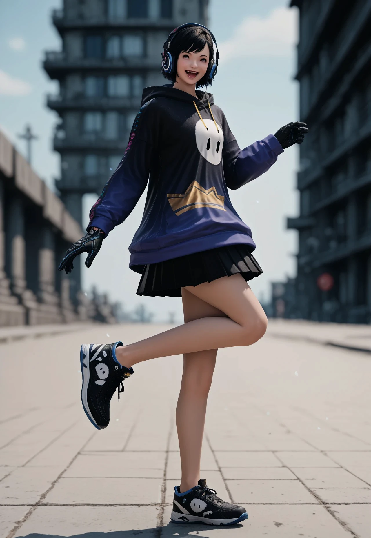 gentlebean_ffxiv, 1girl, solo, black hair, skirt, black skirt, shoes, open mouth, smile, black footwear, pleated skirt, short hair, black eyes, hood, sneakers, gloves, headphones, standing, standing on one leg, looking at viewer, hoodie, blurry background,  long sleeves, full body, ultra hd, 32k BREAK PonyXLV6_Scores