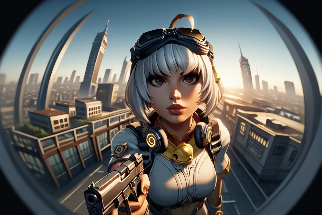 source_cartoon, razor_battle, 1girl, short hair, goggles, solo, lips, goggles on head, white hair, brown eyes, bell, headphones, ahoge, neck bell, gangster, standing, holding pistol, holding weapons, two pistols, Hands with pitols, high angle shot, cowboy shot, futuristic city background, blur background, city background, natural lighting, backlight, aiming a gun directly at the viewer, aiming to the viewer, intense eye contact, close-up perspective, gun pointed forward, gun aiming to viewer, soft colours, big breast, 2D, Animated, Blurry background, city building background, blurry, <lora:ho1dingPistols:1>, <lora:razorbattle-05:1>, ,rating_questionable, score_9, score_8_up, score_7_up,, 1girl, short hair, goggles, solo, lips, goggles on head, white hair, brown eyes, bell, headphones, ahoge, neck bell