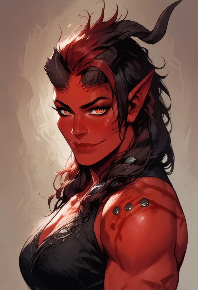 score_9, score_8_up, score_7_up, BREAK, 1woman portrait, beautiful, dramatic lights ((Karlach, Tiefling, Red Skin, muscular woman, athletic woman, scars, tattos, horns, broken horn, orange eyes, happy, smile, flexing, flex, muscule flex))
<lora:Fant5yP0ny:0.6> <lora:fantasy_world_pony:0.9>
<lora:Cherry-Gig:0.55>