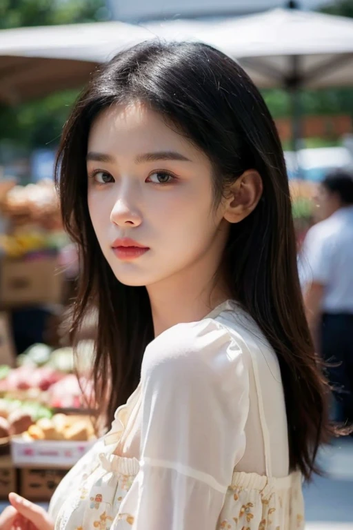 masterpiece, best quality, ultra-detailed, ultra high res, (photorealistic:1.4), raw photo, (realistic:0.2), 8k HDR, realistic lighting, looking at viewer, 1girl, solo, asymmetrical hair, bangs, outdoor, sky, (traditional market:1.2), bokeh, (detailed lips), (day), (detailed pores), (detailed skin textures), (detailed face:1.2), (body:1.2), cowboy shot, a woman portrait in a sundress,