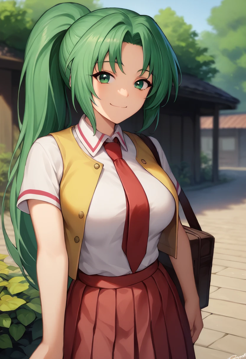 score_9, score_7_up,   1girl,    <lora:Personal ami-000047:1> <lora:MionCAME2:1> Mion Sonozaki, green eyes, ponytail, green hair, white shirt, red necktie, yellow vest, red skirt, outdoors, looking at viewer, smile,  closed mouth,