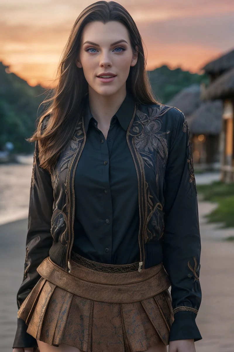 photo of S530_FionaFrost,a beautiful woman,in a (tropical village:1.1),wearing a (jacket),(shirt),(skirt),sunset,(4k, RAW photo, best quality, 50mm, depth of field, ultra high res:1.1),(intricate, photorealistic, cinematic-shot, masterpiece, ultra-detailed:1.1),