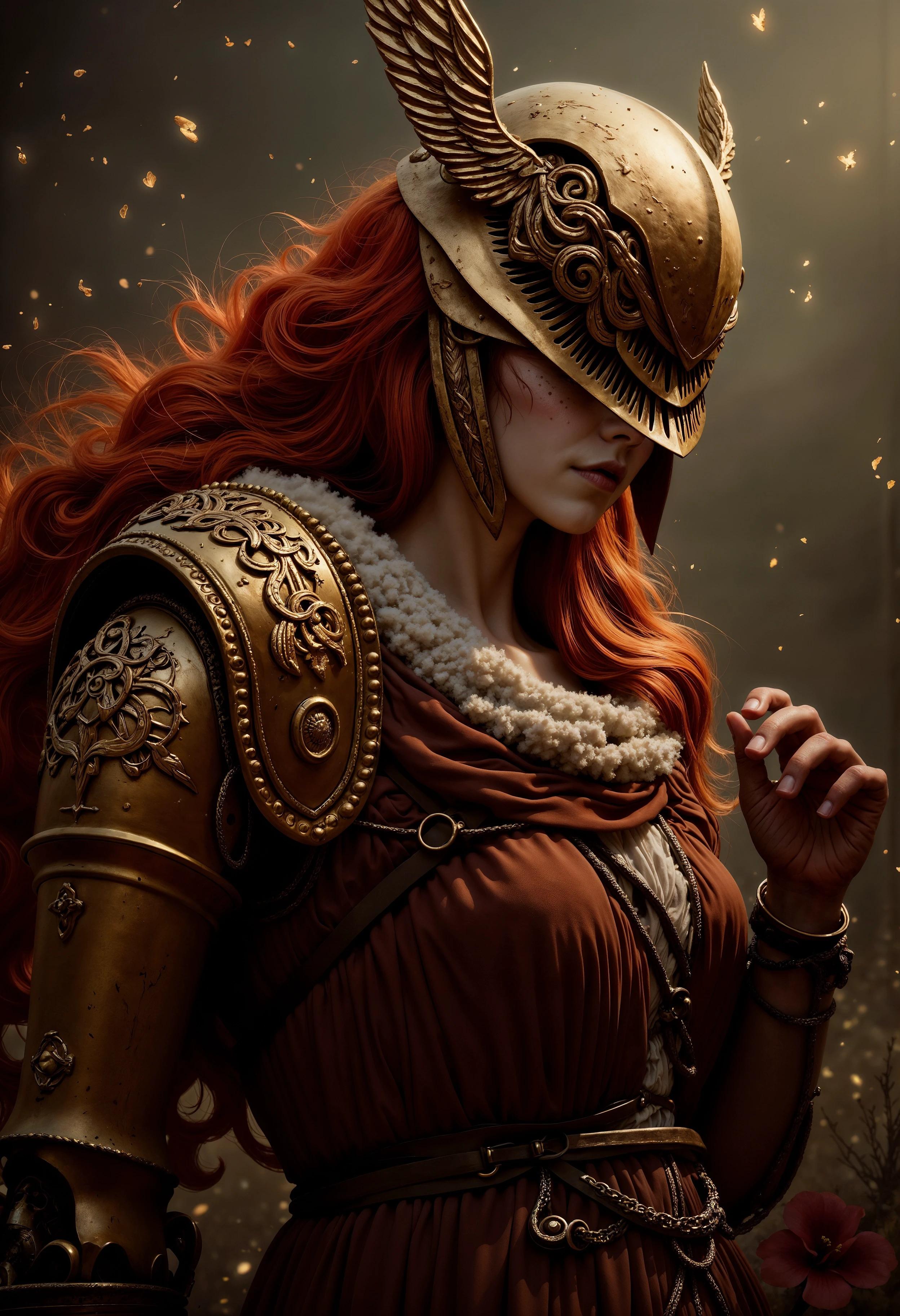 A captivating and haunting image of MaleniaNorm, her battle-worn beauty and unyielding grace captured in stunning detail. Her skin is a pale, almost ethereal tone, marked with faint scars and the wear of countless battles. Her long, fiery red hair cascades around her, contrasting sharply with her golden helm and armor, adorned with intricate thorn-like designs. She stands dressed in her iconic, tattered crimson and gold attire, the fabric and metal telling a tale of endless conflict and resilience. Her ghostly, determined eyes pierce through the scene, exuding both strength and sorrow. The high-quality rendering captures every detail of Malenia’s enigmatic and fearsome presence, drawing viewers into the dark, enchanted world of the Lands Between, where beauty and brutality coexist in a mesmerizing dance. <lora:FluxMaleniaNorm:1>