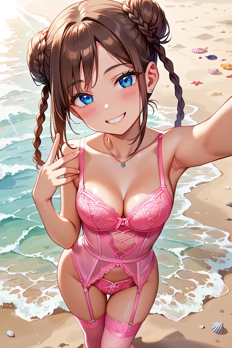 score_9, score_8_up, score_7_up,source_anime,
1woman, blue eyes, brown hair, braided buns, head tilt, seductive smile, selfie, blush, beach, lens flare,  shiny skin, <lora:Floral lingerie Bodysuit:0.9> pink lingerie bodysuit, red floral lace, garter straps, lace panty, red lace contrast, matching net stockings, cloth focus