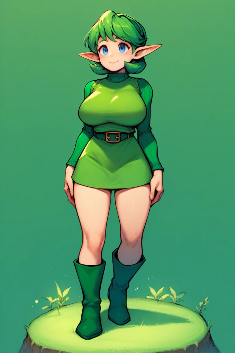 <lora:Saria_Legend_of_Zelda:1> ootsariapdxl, green hair, short hair, blue eyes, pointy ears, green sweater, ribbed sweater, green tunic, green hairband, green boots, 1girl, large breasts, mature female, full body, score_9, score_8_up, score_7_up, score_6_up, score_5_up, score_4_up, high quality, best quality