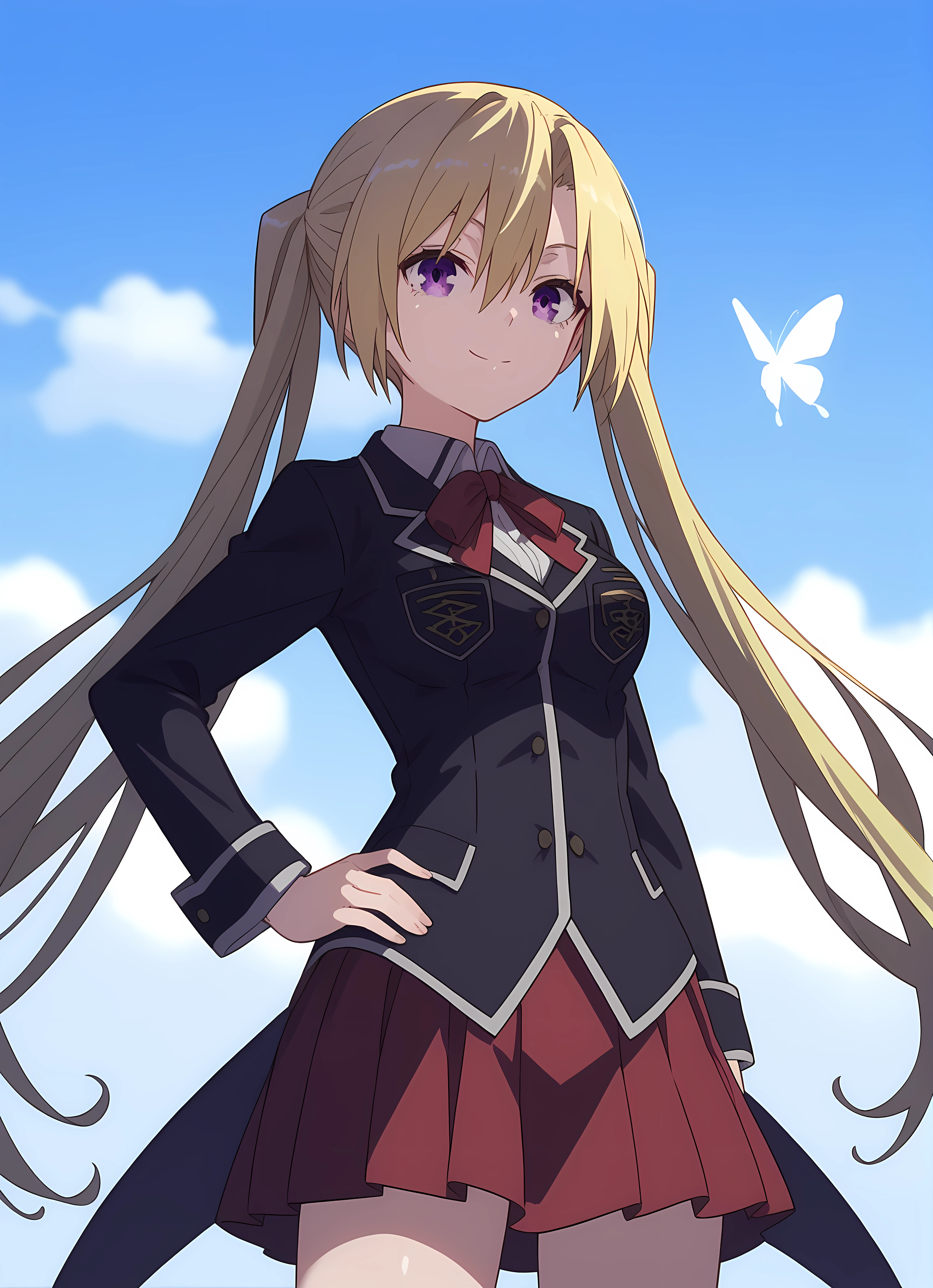 score_9,score_8_up,score_7_up,closed mouth, shiny skin, light smile,ohwx, blonde_hair, long_hair, 1girl, twintails, solo, breasts, purple_eyes, large_breasts, medium_breasts, hair_between_eyes, very_long_hair,school_uniform, skirt, Standing with hands on the hips, one foot forward, ethereal butterfly migration in a cosmic meadow with surreal surroundings,<lora:lieselotte_sherlock_pony_sobsynapse-000011:1>