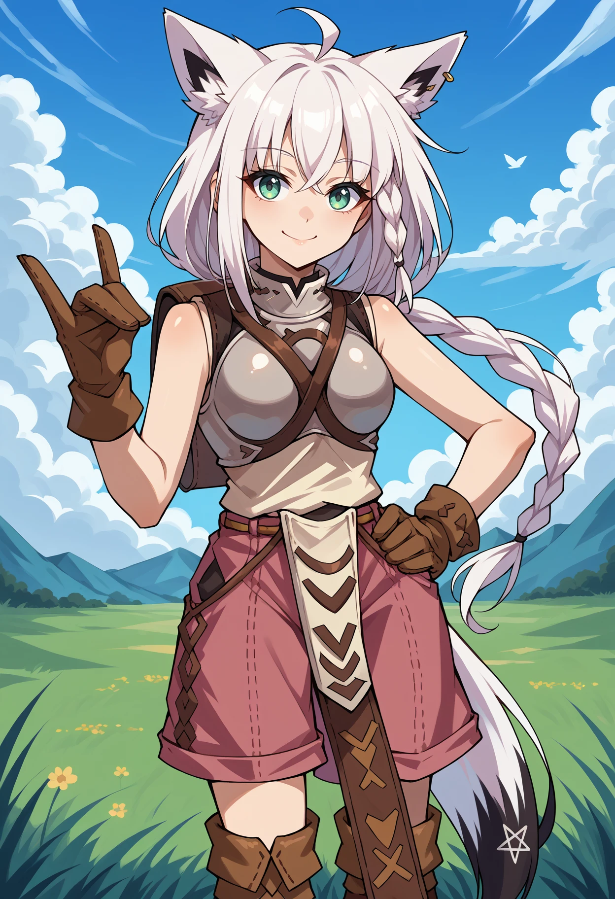 score_9, score_8_up, source_anime, 1girl, solo, fubuki, white hair, single side braid, ahoge, piercing, fox tail, NoviceClothes, breastplate, brown belt, backpack, pink shorts, pelvic curtain, brown gloves, brown boots, fox shadow puppet, hand on hip, smile, cowboy shot, grass, sky, clouds, <lora:ChamRagnarokOnlineNovicePonyXL:1>, <lora:shirakami_fubuki_sdxl_pony-4:1>