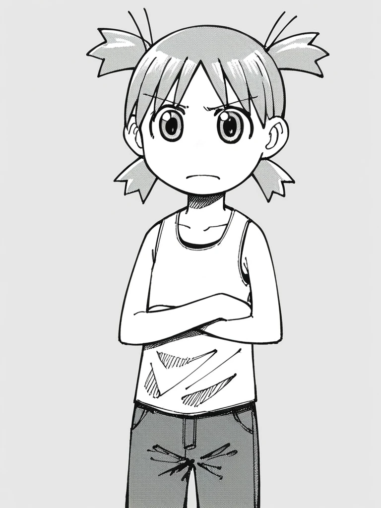 score_9, score_8_up, score_7_up, 
1girl, koiwai yotsuba, quad tails, monochrome,

tank top, pants, standing, crossed arms, frown, looking at viewer,


