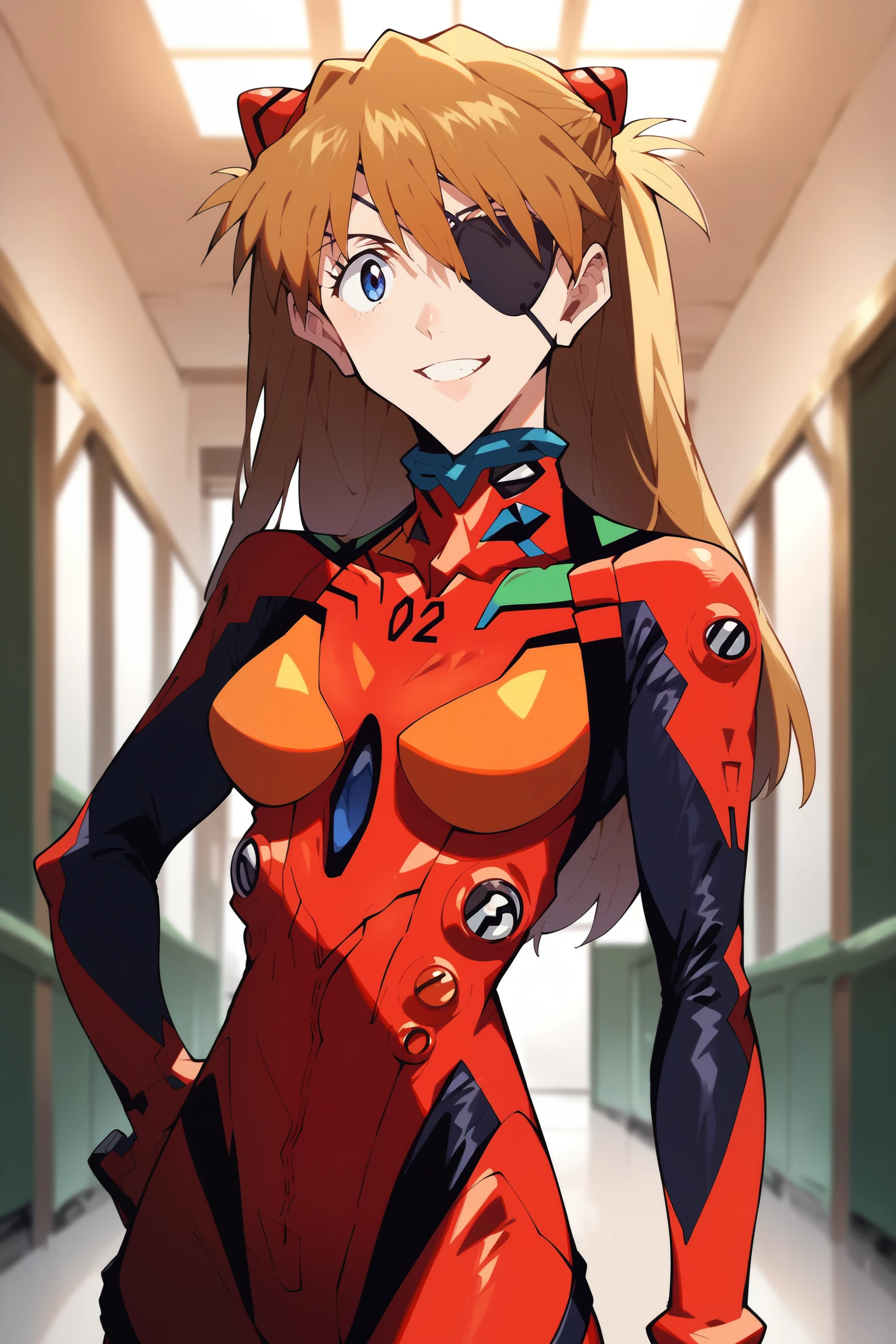 score_9, score_8_up, score_7_up, source_anime, official_style, asuka langley, 1girl, brown hair, black eyepatch, smile, looking at viewer, plugsuit, red bodysuit, pilot suit, standing, cowboy shot, hand on hip, indoors,