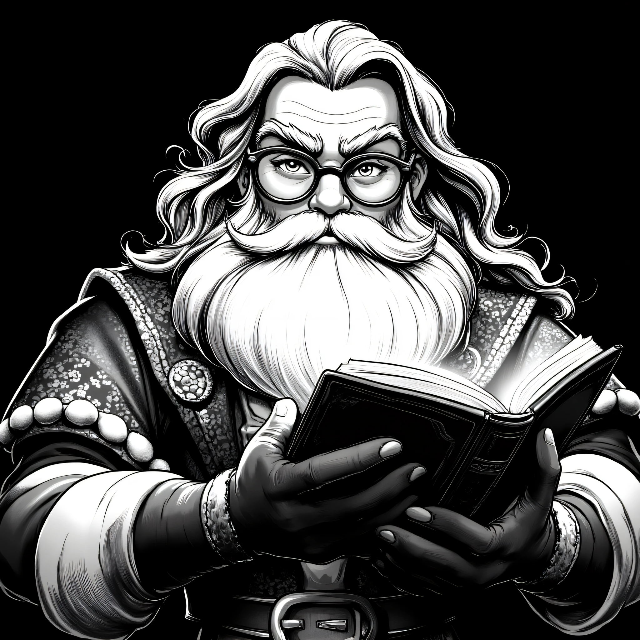 ArsMJStyle, DnDBWIllustration, wizard, The image shows a black and white illustration of a man with a long beard and glasses holding a book in his hands. He is wearing a costume and the background is dark., greyscale, 1boy, monochrome, male focus, book, solo, facial hair, glasses, beard, gloves