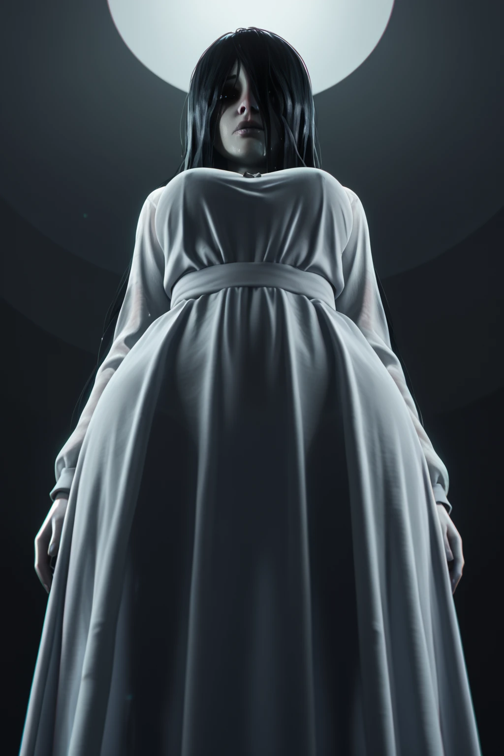 ((Low-Angle Shot)),((Glamour Portrait)),score_9, score_8_up, score_7_up, score_6_up, BREAK 1girl, Sadako Yamamura:
 long black wet hair with advanced hair physics, tattered white dress with cloth simulation, pale ghostly skin with translucent effect, eerie backlighting creating silhouette, volumetric fog effects, well in background with water reflection, unsettling atmosphere with subtle motion blur
 BhigBhee style.