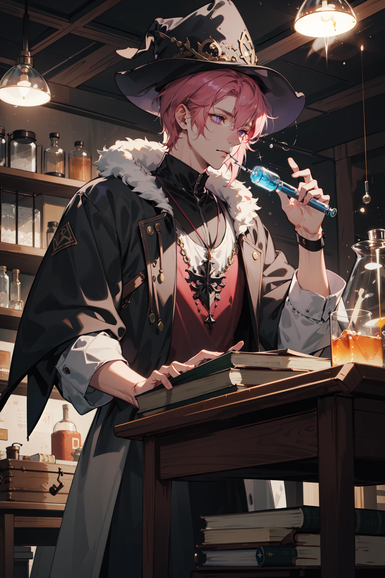 (absurdres, highres, ultra detailed, masterpiece, best quality), cowboy shot, dutch angle, finely detailed eyes and detailed face, intricate details, complex background, cinematic lighting, 1boy, mature, handsome, tall muscular guy, broad shoulders, solo, pink hair, purple eyes, Alchemist, (wizard hat), lab, magical, researcher, chemistry, experiment, test tube, flask, medicine bottle, liquid, experimental instrument, complex, disorganized, messy, boiling liquid, smoke, explosion, sparkling lights, papers, stacked books, wooden desk, looking away,