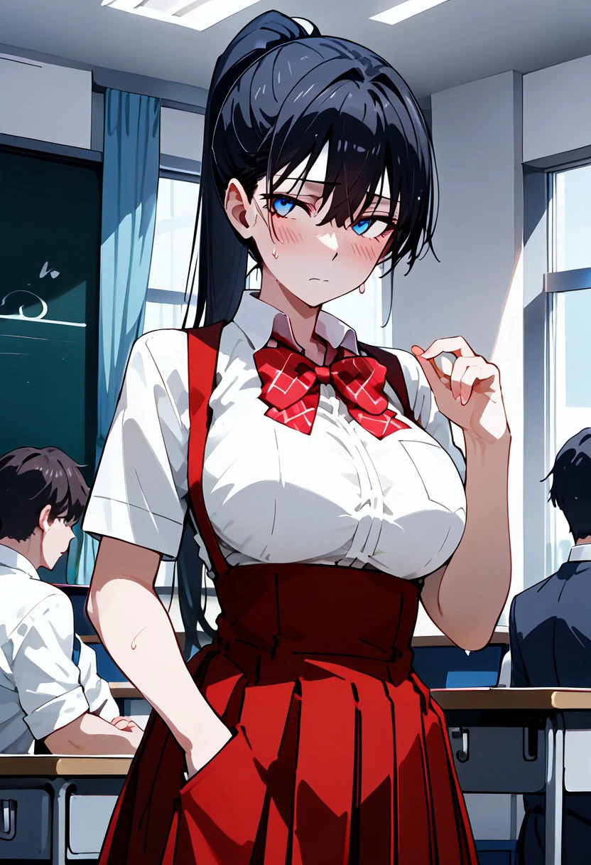 score_9,score_8_up,score_7_up,source_anime, Akira Todo,1girl,long hair,breasts,looking at viewer,blush,bangs,blue eyes,skirt,large breasts,shirt,black hair,bow,hair between eyes,closed mouth,school uniform,standing,white shirt,ponytail,short sleeves,sweat,pleated skirt,solo focus,collared shirt,indoors,hand up,bowtie,red bow,dress shirt,red skirt,suspenders,curtains,desk,high-waist skirt,suspender skirt,classroom,school desk,chalkboard,