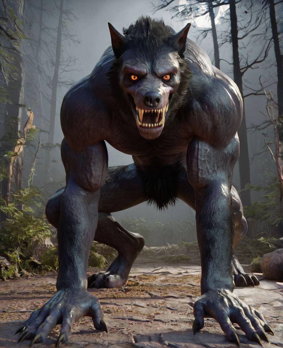 score_9, score_8_up, score_7_up, score_6_up, masterpiece, high quality, realistic, detailed, best quality, 1boy, male, solo, source_monster, BREAK, 
w3rewolf, werewolf, monster, scary, horror, muscular, sharp teeth, (black scelra), orange eyes, mottled skin, pitch black fur, black skin, crouching, crouched, creepy forest, night, hands on ground, all fours, 
<lora:Werewolf for PonyXL:0.5>