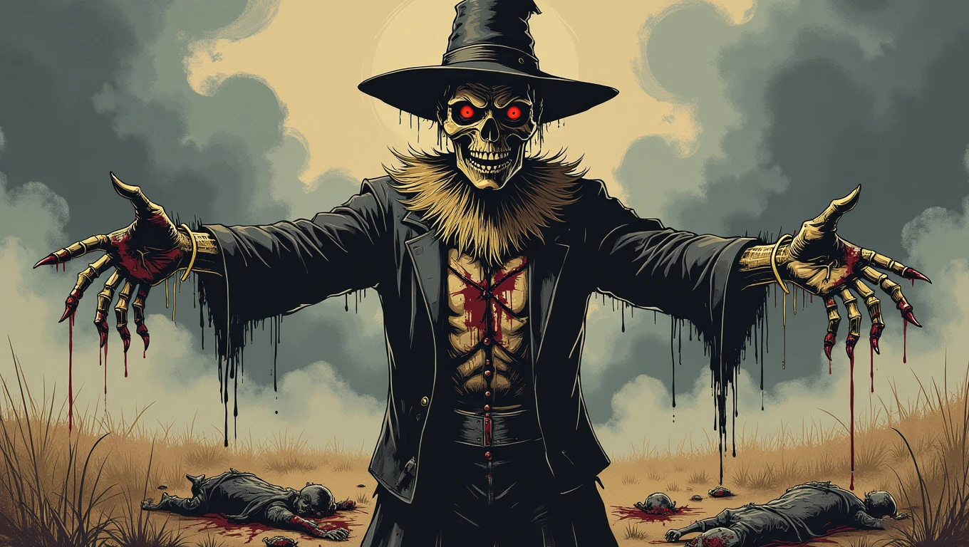 d4rkc0mic . A scarecrow with glowing red eyes and a stitched-together grin stands in the middle of a barren field, its straw-stuffed body covered in blood and tattered clothes. The scarecrowâs arms are outstretched, and its fingers are sharp, rusty nails that drip with fresh blood. The sky above is dark and stormy, and the field is littered with the remains of its victims. The style is menacing and grotesque, focusing on the malevolent nature of the scarecrow and the desolation of its surroundings
  <lora:dark-comic:0.8>