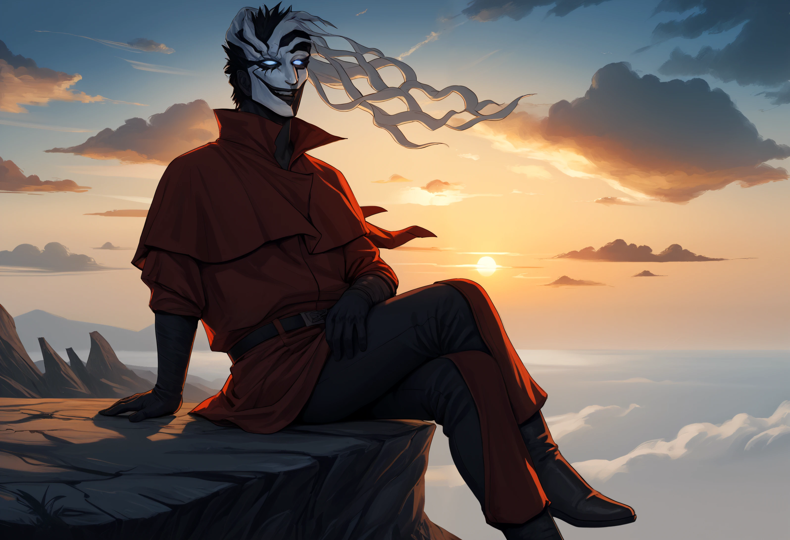 (score_9, score_8_up, score_7_up),source anime,1boy, 3rg0pr0xy, pr0xym0de, male focus, white eyes, mask, floating mask, looking at side, sunset, cloudy, cliffside, clouds, background, sitting, close