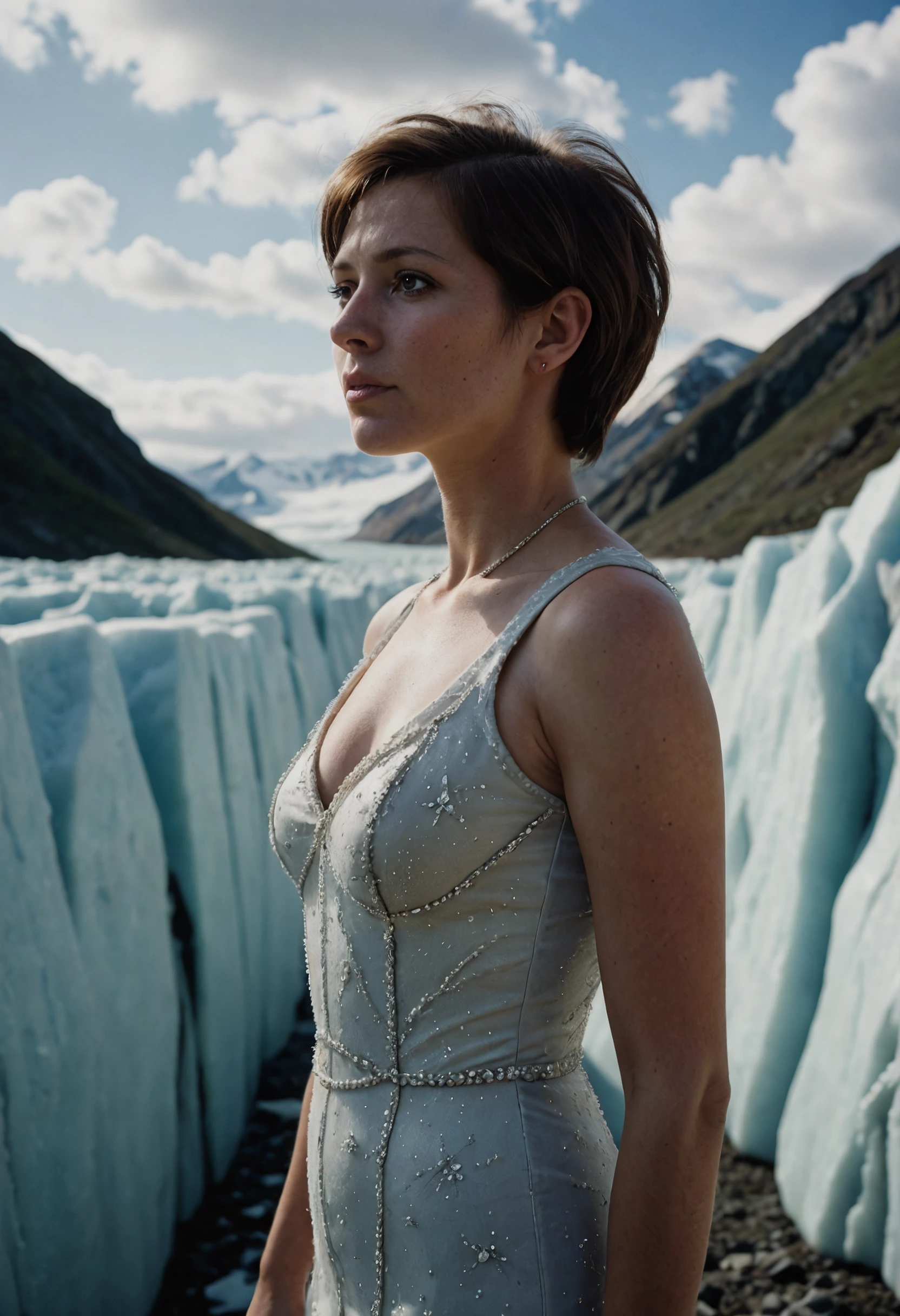 A professional visual FX shot featuring Giant Wall of Ice - Massive Ice Barrier Kay Panabaker - Brown Hair photographed posing Slightly Twisted Torso, Hands Behind Back