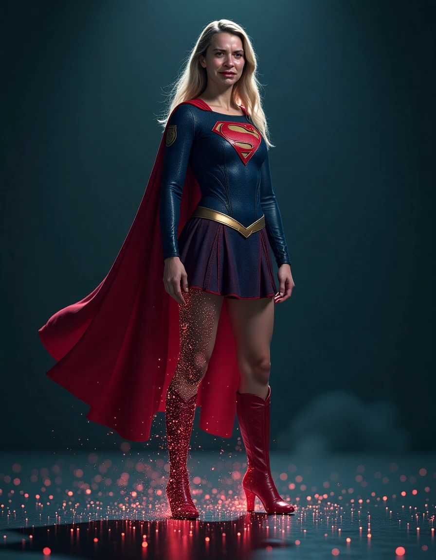 Photorealistic image of supergirl,  standing confidently in a dark, digital environment, her figure partially dissolving into cascading binary code that flows from her legs, blending her physical form with the cybernetic world around her.  cinematic lighting, extremely intricate detail character, accurate depiction of character, correct body anatomy, correct hands and fingers, extremely intricate skin and facial texture detail, design,lifelike potrayal, extrememly realistic lighting, extreme dynamic pose, sfw, fully clothes, sharp background detail, wide shot           