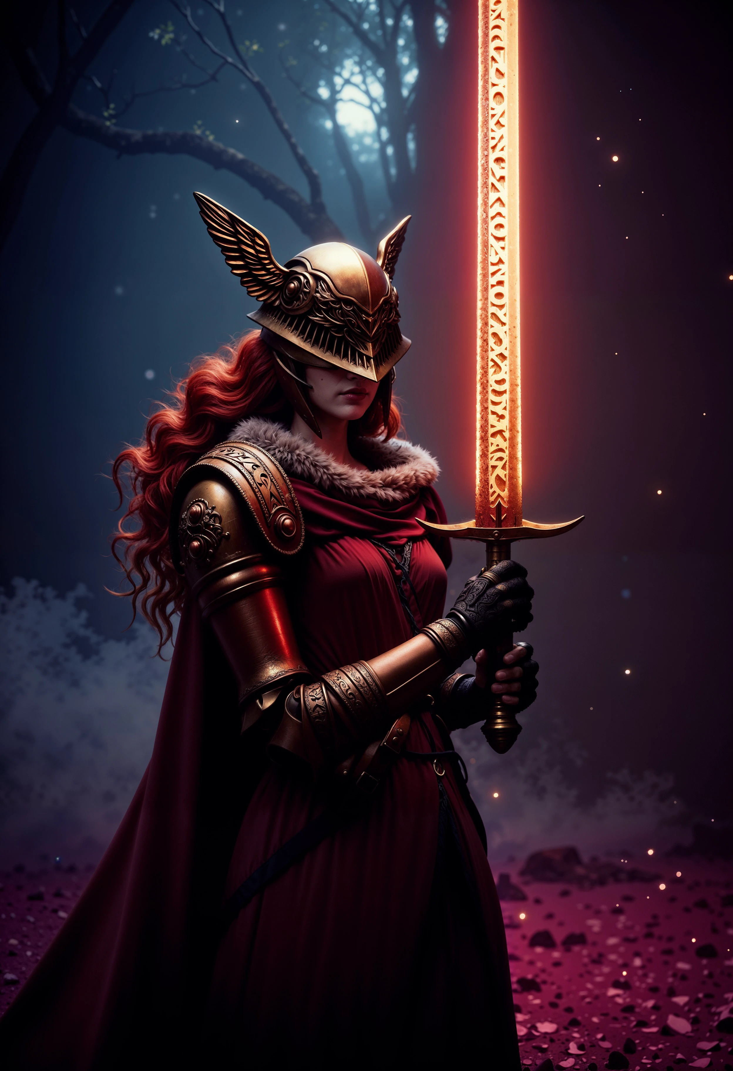 A dark and dramatic scene of MaleniaNorm, the undefeated warrior, standing confidently in the center, her slender form draped in crimson and gold armor adorned with thorn-like details. Her face is partially obscured by her intricate golden helm, revealing only her cold, determined eyes and flowing red hair. She wields her iconic, massive rune-etched katana, glowing faintly with a vibrant scarlet light, hovering just above her hand as if controlled by her sheer will. Her armored hands, gloved in ornate metallic designs, grip the sword’s hilt with deadly precision. The background is shrouded in darkness, accented by splashes of vivid neon reds, blues, and purples that create an otherworldly, chaotic atmosphere. The scene blends cyberpunk and dark fantasy aesthetics, emphasizing dramatic lighting, high contrast, and a shallow depth of field. Bokeh effects and film grain add a cinematic, moody quality to the shot, capturing Malenia’s haunting beauty and deadly presence in stunning, highly detailed fashion. (maximum ultra high definition image quality and rendering:3), maximum image detail, maximum realistic render, (((ultra realist style))), realist side lighting, , 8K high definition, realist soft lighting, (amazing special effect:3.5)  <lora:FluxMaleniaNorm:1>