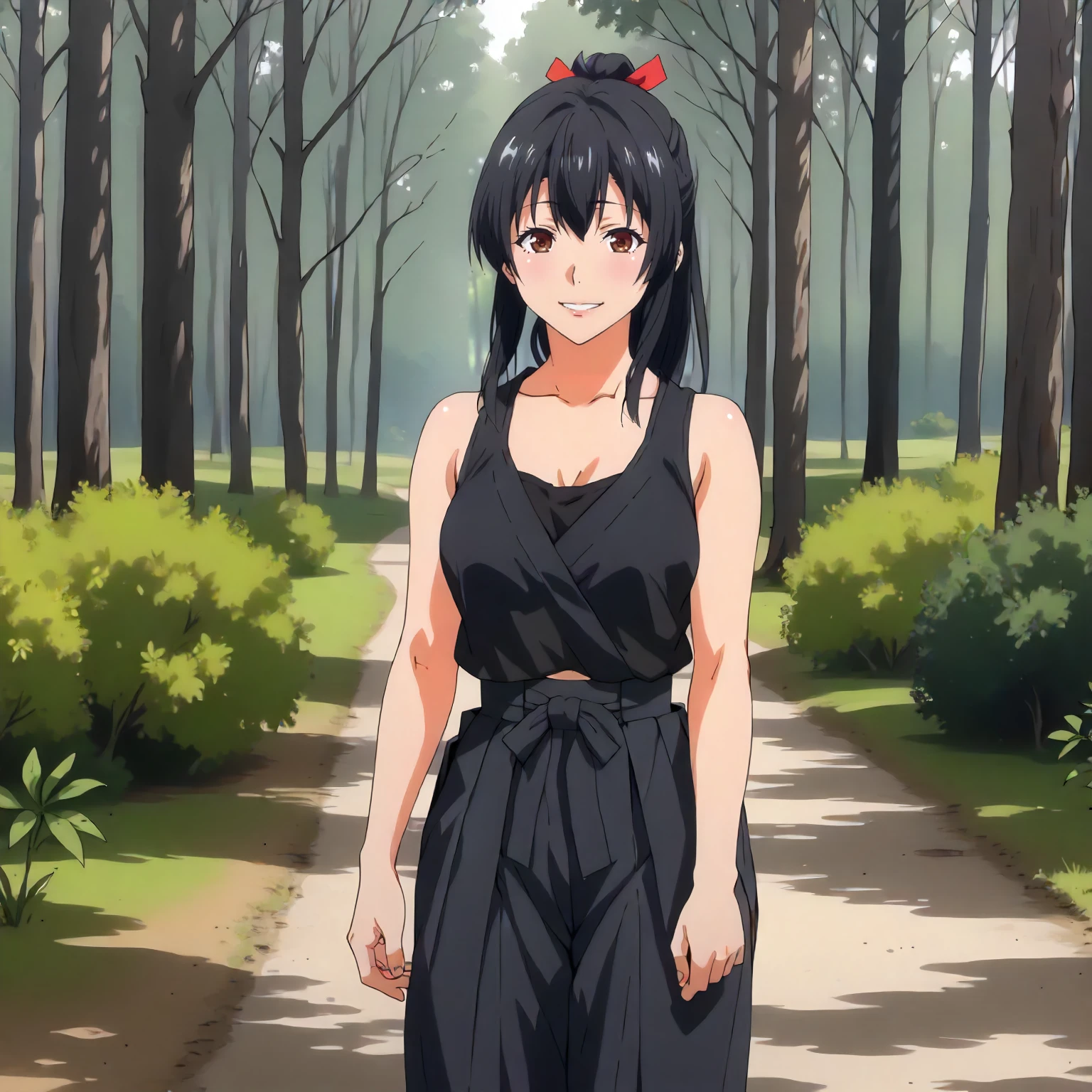 <lora:ToY_AoiXLpony002>,
outdoors,nature,
smile,
solo,
Aoi,1girl,black hair,ponytail,red hairbow,brown eyes,
black tank top,
hakama_skirt,black hakama,black hakama,
standing,