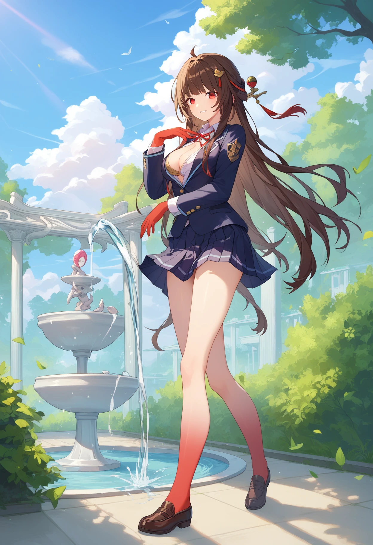 score_9, score_8_up, score_7_up, rating_explicit,
BREAK 
1girl, solo, 
<lora:shiLingshaV2:0.8>, shlingsha, long hair, bangs, hair ornament, breasts, red eyes, brown hair, 
pleated skirt, school uniform, white shirt, blue_blazer, unbuttoned shirt, cleavage, looking at viewer, smile, school uniform,
red hands, red feet,
scenery, outdoors, park, blue sky, cloud, lamp, fountain,