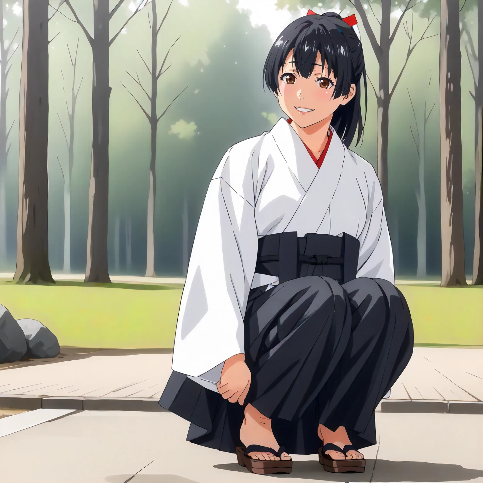 <lora:ToY_AoiXLpony002>,
outdoors,nature,
smile,
solo,
Aoi,1girl,black hair,ponytail,red hairbow,brown eyes,
white kimono,dougi,
hakama_skirt,black hakama,black hakama,
full body,squatting,