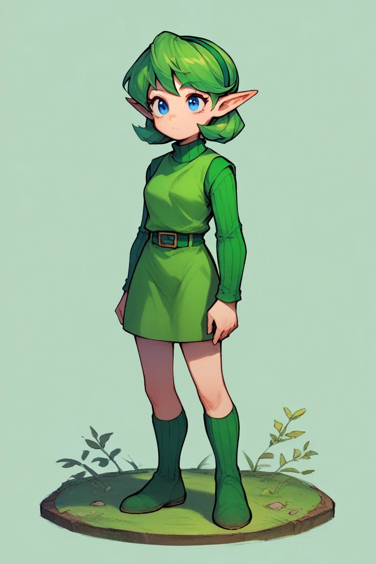 <lora:Saria_Legend_of_Zelda:1> ootsariapdxl, green hair, short hair, blue eyes, pointy ears, green sweater, ribbed sweater, green tunic, green hairband, 1girl, solo, full body,, score_9, score_8_up, score_7_up, score_6_up, score_5_up, score_4_up, high quality, best quality