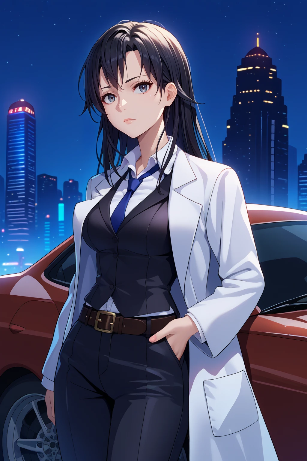 score_9, score_7_up, source_anime, cowboy shot, looking at viewer, expressionless, shzhrtsk, large breasts, long hair, black hair, grey eyes, labcoat, white collared shirt, black vest, blue necktie, belt, black pants, leaning against vehicle, outdoors, sports car, night, skyline, <lora:Hoseki_Oregairu_ShizukaHiratsuka_PDXL_v1:1> 