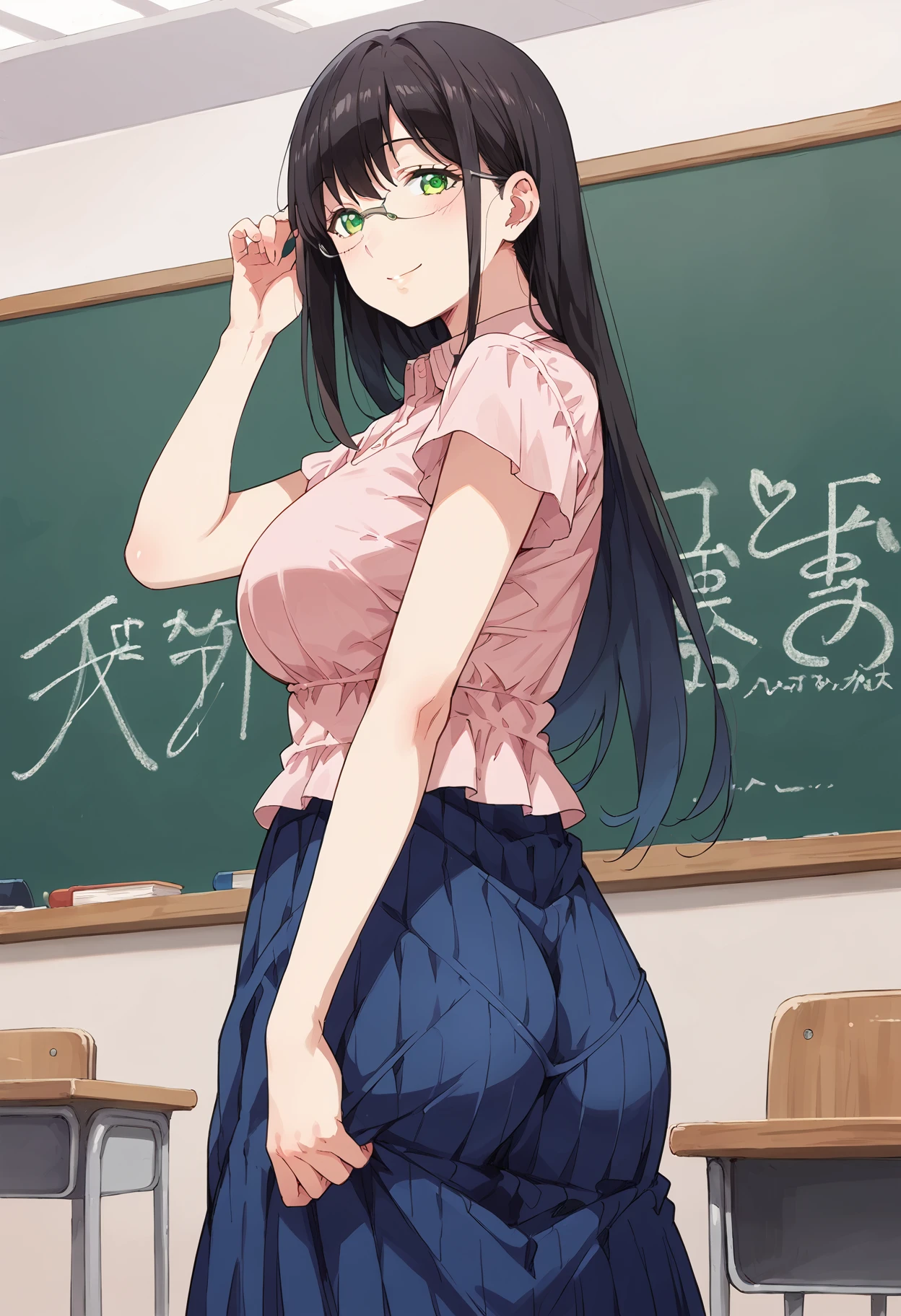 score_9, score_8_up, score_7_up, , source_anime, , hanyuyuzuki, 1girl, solo, perfect hands,  , black hair, green eyes, , long hair, smile, blue pleated skirt, collared blouse,  looking at viewer,   <lora:hanyu_yuzuki_pony3:1> long skirt,  (cowboy shot:1.5),  standing,swept bangs,mature female, looking back,  from behind,  ass focus, classroom, blue blackboard , holding eyewear, large ass