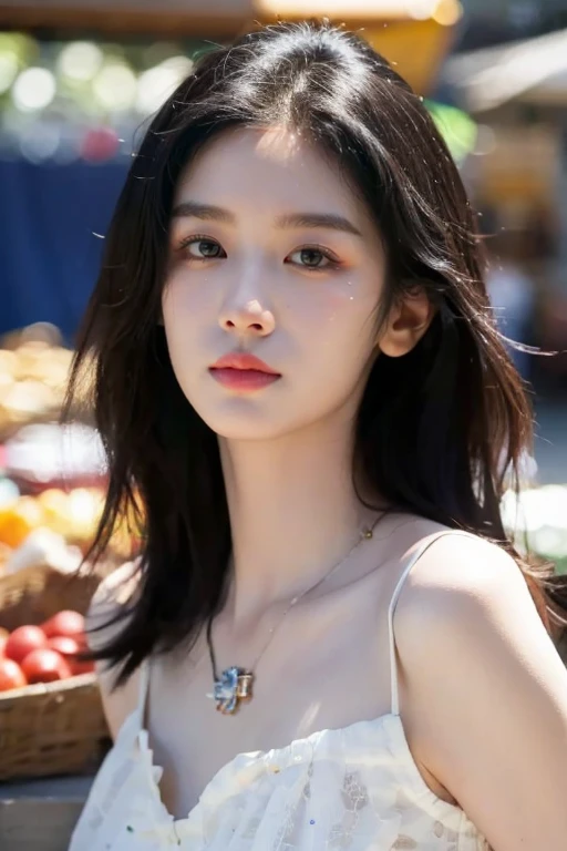 masterpiece, best quality, ultra-detailed, ultra high res, (photorealistic:1.4), raw photo, (realistic:0.2), 8k HDR, realistic lighting, looking at viewer, 1girl, solo, asymmetrical hair, bangs, outdoor, sky, (traditional market:1.2), bokeh, (detailed lips), (day), (detailed pores), (detailed skin textures), (detailed face:1.2), (body:1.2), cowboy shot, a woman portrait in a sundress, simple necklace,