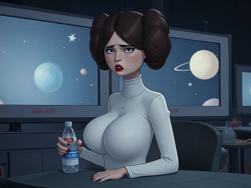 screencap of Lsodo with two hair buns , with afraid look , wearing her white turtle neck dress in intergalactic space ship command center we can see space stars and planet a cold bottle of water in her hand, black eyes