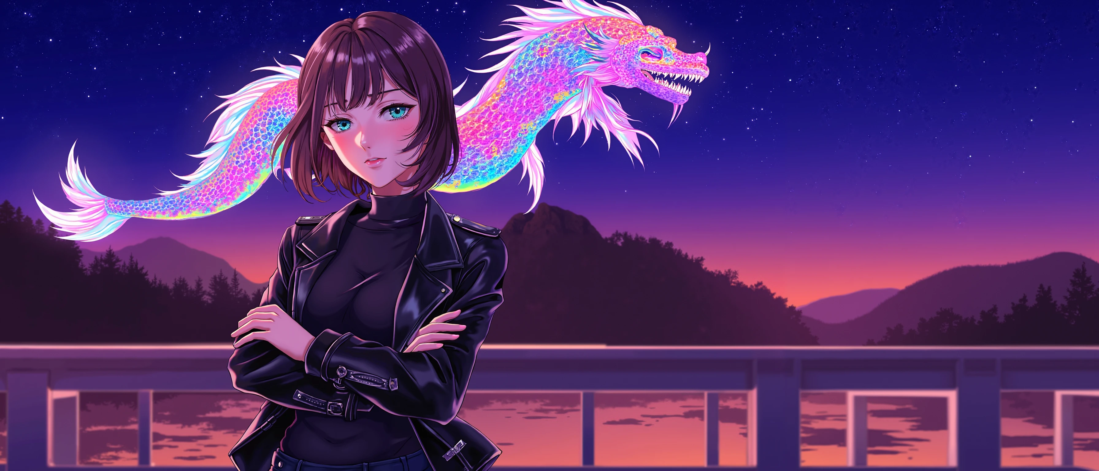 Extraordinary, A highly detailed, vibrant anime scene featuring a girl standing in a quiet temple surrounded by forest at dusk. She wears a sleek black leather jacket over a dark turtleneck, exuding an edgy, modern aesthetic. Her arms are crossed in a casual yet self-assured posture, but her expression, though calm, subtly conveys hidden emotions, with the universe in her eyes. The temple backdrop behind her includes power bioluminence, rock, and distant mountains, shrouded in the soft, fading light of sunset. The sky is painted with rich hues of orange, pink, and blue, blending with the dim glow of bioluminence in the distance.

Floating beside her is a large, vibrant dragon that glows with an otherworldly, neon-like brilliance. Its scales shimmer in iridescent shades of pink, blue, green, and purple, casting a soft, ethereal light over the scene. This glowing dragon adds a surreal, magical element to the otherwise ordinary urban setting. The fish’s radiance creates a dreamlike contrast against the dark tones of the girl’s outfit and hair, casting soft reflections on her figure and the surroundings.

The overall composition is a blend of realism and surrealism, with the warm, tranquil colors of the sunset sky merging harmoniously with the cool purples and blacks of the girl’s attire. The glowing dragon acts as a central point of brightness, enhancing the scene’s magical, introspective mood, while the girl's calm, seductive expression hints at a deeper emotional story, juxtaposing the grounded temple environment with a touch of surreal magic.