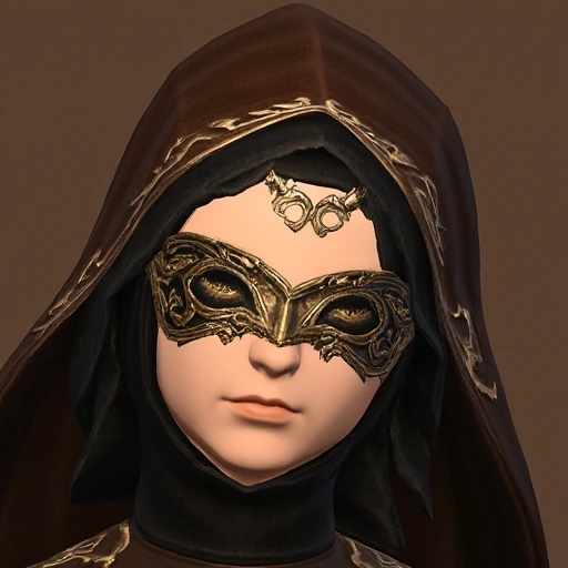 The image is a digital artwork in a realistic, 3D style. It features a person with a fair complexion and a strong, angular jawline, set against an ornate fantasy crystarium styled backdrop. The subject is wearing an elaborate masquerade mask. The mask is ornate, featuring intricate, swirling patterns and a stylized, asymmetrical design. It is primarily gold with a black design, giving it a dramatic and mysterious appearance.