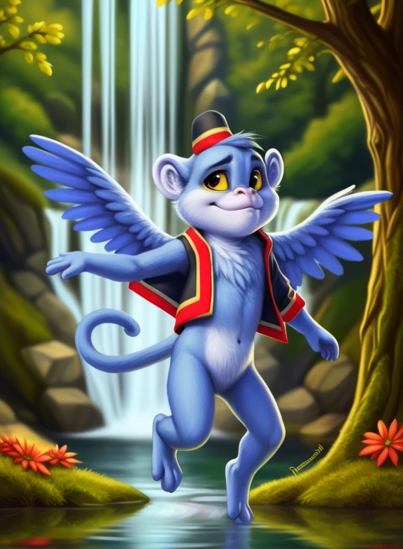 <lora:FrankDorTheWizYif:1> FrankDorTheWiz, monkey, ((wings,) blue fur,) chibi, small body,  yellow sclera, vest, red-black vest, red-black hat,
Looks at the viewer, [  solo, (nature), forest, day, clouds, waterfall,] ((dancing ))
(beautiful, aesthetic, perfect, delicate, intricate, saturated colors), masterpiece, digital drawing, best quality,
by ulitochka, by taran fiddler, by Silverfox5213, by personalami,