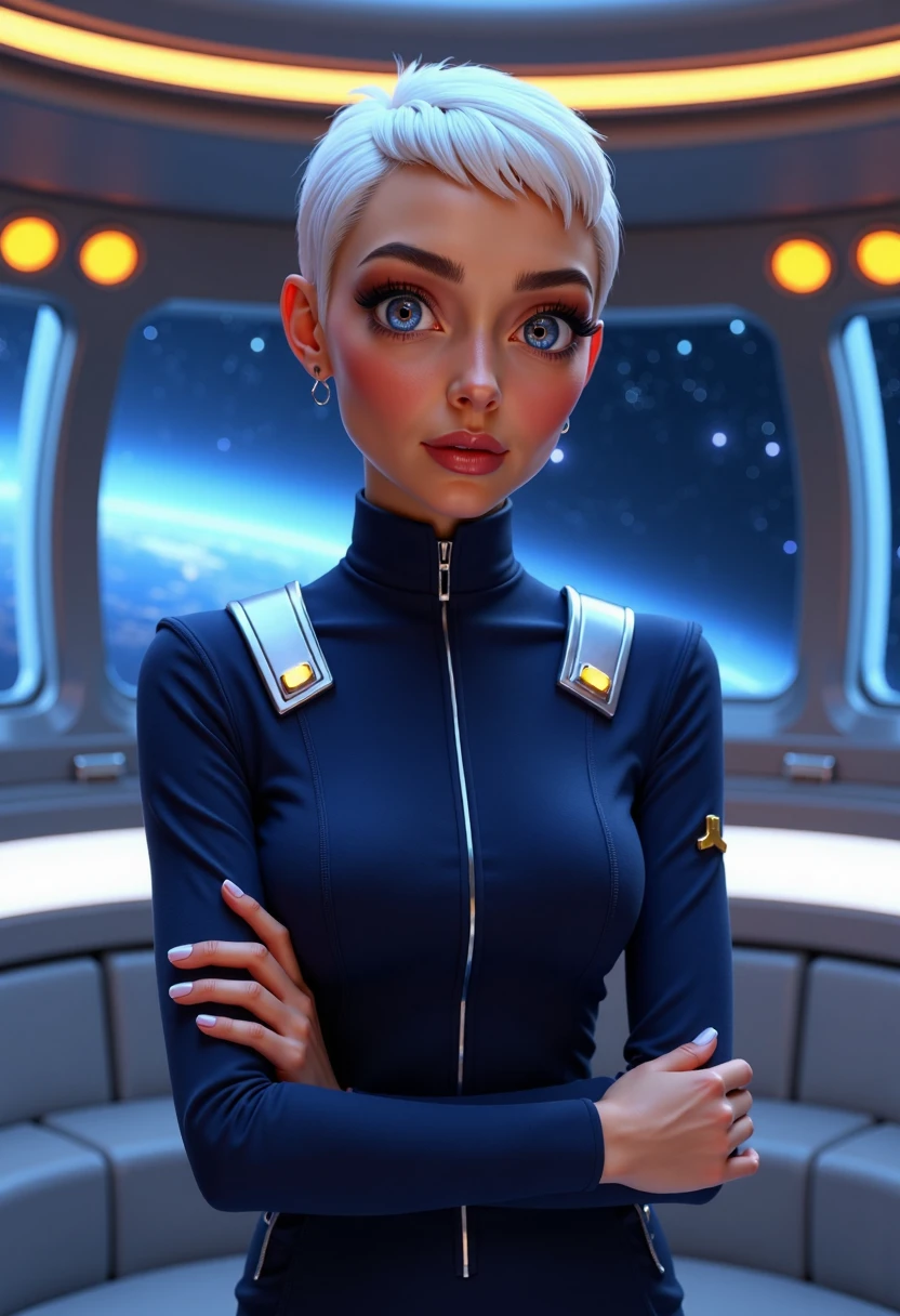 In Pixar style, Selene stands confidently on the bridge of a sleek, futuristic starship, her wide lavender eyes filled with determination. She wears a crisp, fitted starship officer’s uniform in navy blue, with silver accents on the shoulders and cuffs. Her white pixie-cut hair is neatly styled, and the soft, glowing lights from the control panels reflect off the polished metallic walls of the ship. The background is filled with large windows revealing the vast expanse of space, dotted with distant stars and nebulae, while her calm demeanor suggests a leader in full control. The bright colors and soft shading of Pixar style give the scene an adventurous and hopeful feel.