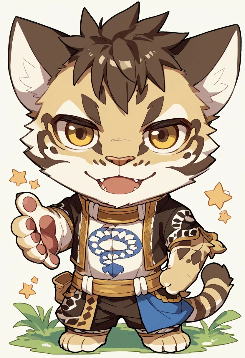 score_9, score_8_up, score_7_up, high quality, hires, solo, likulau, nekojishi, cl0uded le0p4rd, furry, tattoo, solo, chibi, sticker, happy, looking at viewer, white contour, <lora:Likulau_Nekojishi:1>