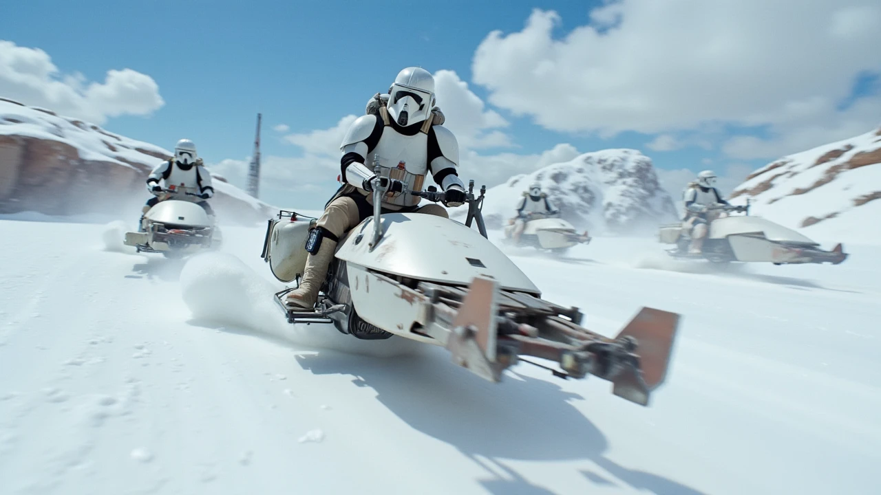 a lucasfilm,star wars style photo of  a scout trooper riding a white 74-z speederbike at the icy floats on an alien planet,dramatic camera angle,lasers shots flying around,battle swscene,<lora:74-Z_Speederbike:1.1>