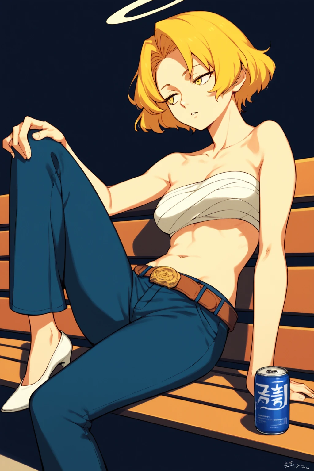 score_9, score_8_up, score_7_up, source anime,
sitting, leg up, looking to the side, expressionless, half-closed eyes, can, parted lips, 
1girl, <lora:Blue Archive - Sukeban MG (Pony):0.8>, sukebanmg, halo, blonde hair, short hair, yellow eyes, medium breasts,
sarashi, bandages, navel, collarbone, blue pants, belt, bandeau, white high heels,
bench, night