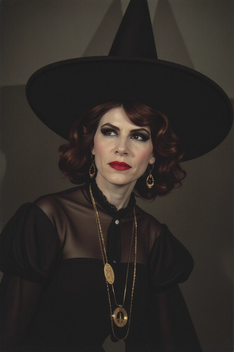 color photo portrait of a witch, by william mortensen, she is wearing an intense red lipstick and dark eye shadow
