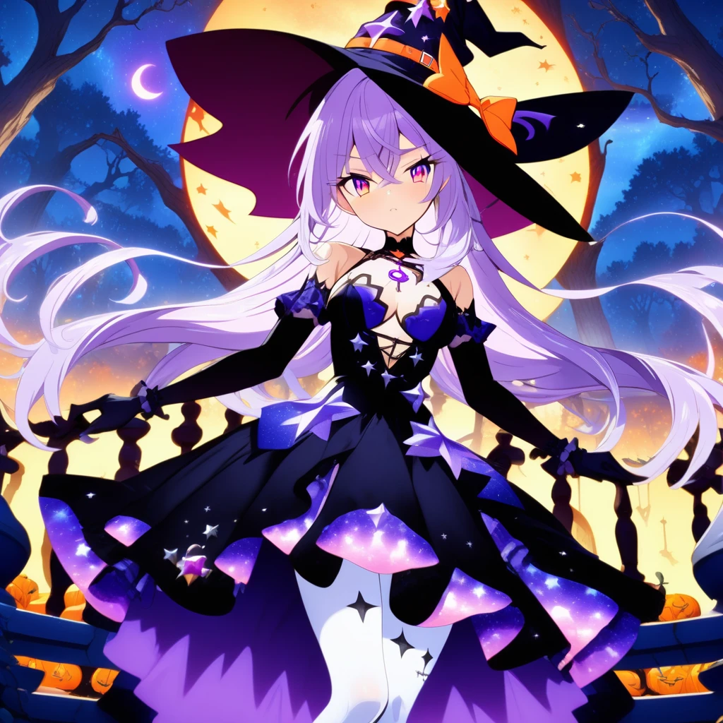 star (sky), clothing cutout, red bow, nature, pumpkin, black headwear, sitting, black gloves, bridal gauntlets, elbow gloves, star (symbol), medium breasts, covered navel, tree, light purple hair, halloween, hand up, crescent, flower, small breasts, witch hat, crossed bangs, dress, closed mouth, wrist scrunchie