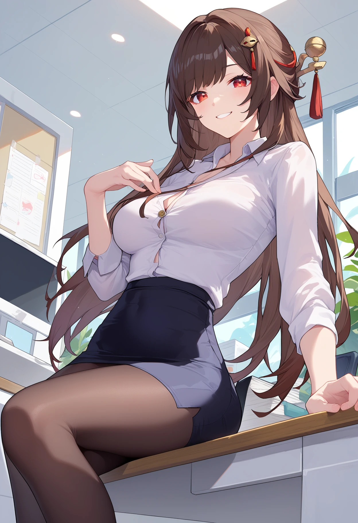 score_9, score_8_up, score_7_up, source_anime,
BREAK 
1girl, solo, 
<lora:shiLingshaV2:0.8>, shlingsha, long hair, bangs, hair ornament, breasts, red eyes, brown hair, 
pantyhose, pencil skirt, white shirt, office lady, looking at viewer, smile,