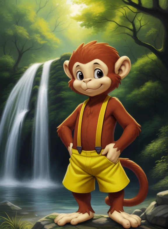 <lora:YoyoAmyRosMilPowYif:1>  YoyoAmyRosMilPow, monkey, brown fur, yellow pants with suspenders, small, chibi
Looks at the viewer, [  solo, (nature), forest, day, clouds, waterfall, ] 
(beautiful, aesthetic, perfect, delicate, intricate, saturated colors), masterpiece, digital drawing, best quality,
[by kenket|by totesfleisch8], by thebigslick:by silverfox5213:0.8], [by syuro, by paloma-paloma::0.2, (Tricksta, TotesFleisch8)