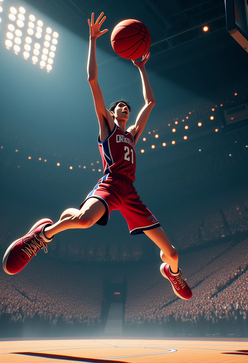 NBA basketball player with an exaggeratedly long arms and legs doing a slam dunk


