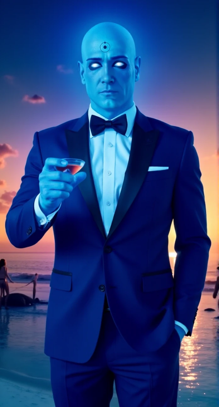 DrManhattan is a bald blue man glowing. he is wearing a tuxedo and having a cocktail on the beach <lora:DrManhattan:0.9>