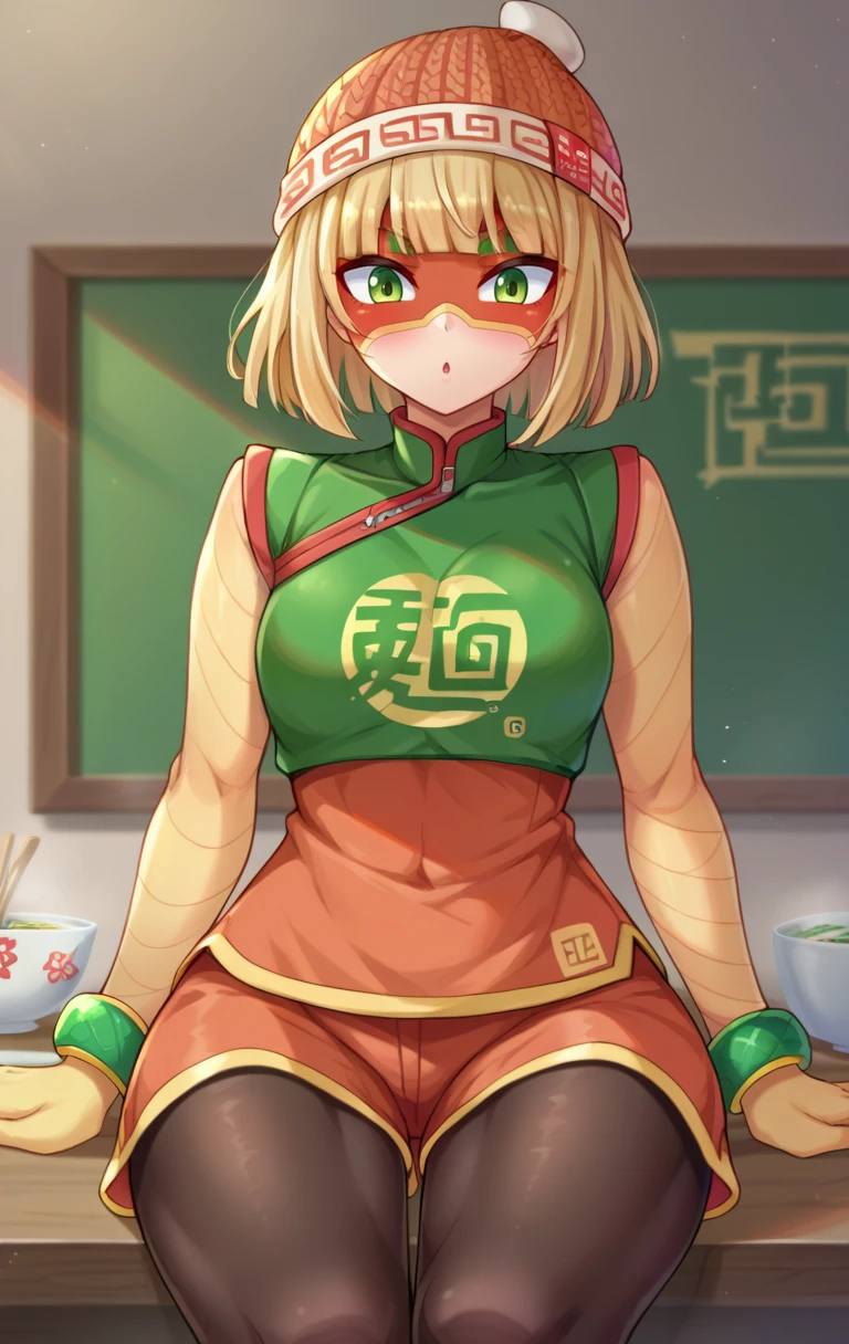 score_9,score_8_up,score_7_up BREAK <lora:Minmin:1>,MinMinSDXL,1girl,short hair,blonde hair,hat,(((yellow arms))),narutomaki,bracelet, mask,green eyes,pantyhose,shorts,blunt bangs,chinese clothes,green shirt,beanie,leggings,noodles,legwear under shorts,orange headwear,cowboy shot,room,room background,sitting,