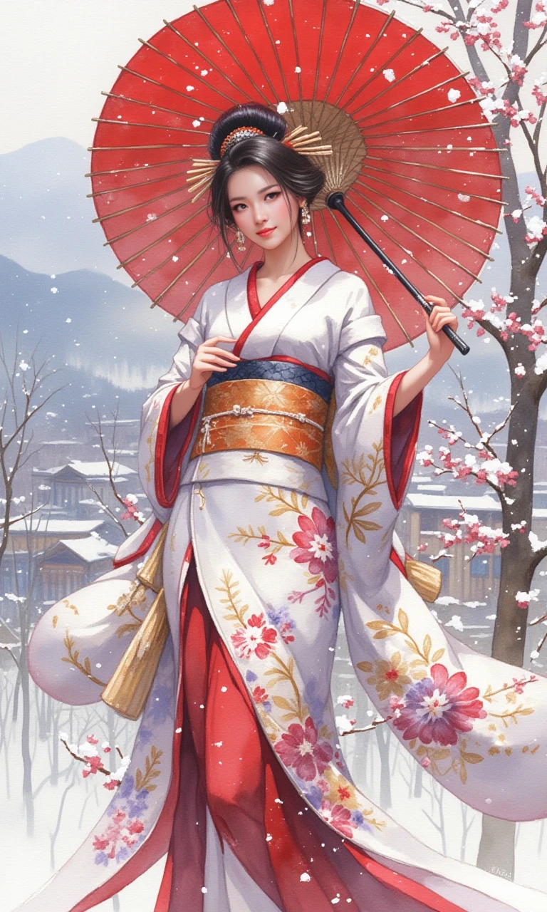 Watercolour style, digital artwork, a beautiful woman in a flowing, intricately patterned kimono, standing gracefully in the falling snow, holding a traditional Japanese paper umbrella. Her kimono features delicate floral motifs in soft shades of red, gold, and white, contrasting with the soft blue and white tones of the snowy landscape. Snowflakes gently settle on her dark, elegantly styled hair, while the umbrellaâs vibrant red hue adds a bold accent to the tranquil scene. Her serene expression reflects the quiet beauty of winter, and the muted colors of the background, with snow-covered trees and distant mountains, enhance the peaceful and ethereal atmosphere. Inspired by traditional Japanese ukiyo-e art, the image captures a perfect balance of elegance, serenity, and seasonal beauty.<lora:watercolor_v1:1>