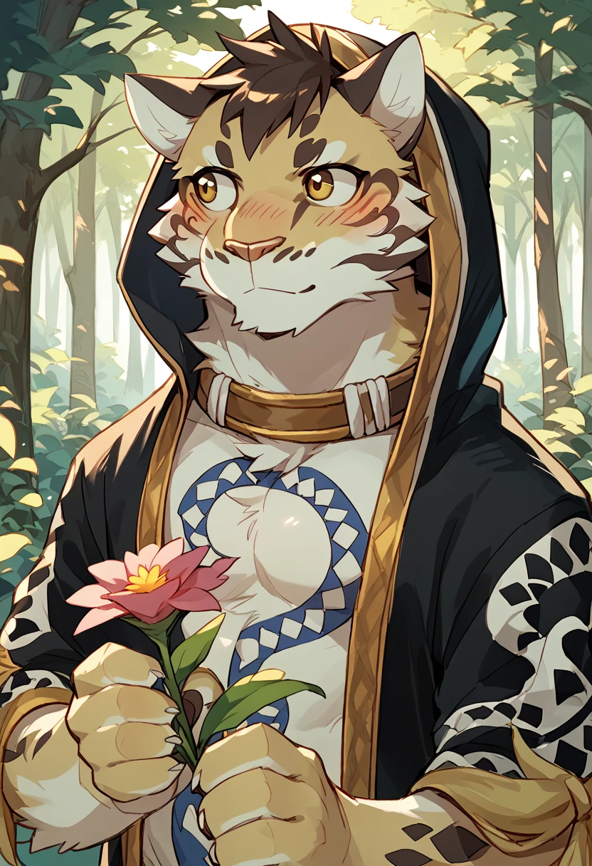 score_9, score_8_up, score_7_up, high quality, hires, solo, likulau, nekojishi, cl0uded le0p4rd, furry, tattoo, happy, looking away, forest, holding flower, blush, hood on, <lora:Likulau_Nekojishi:1>