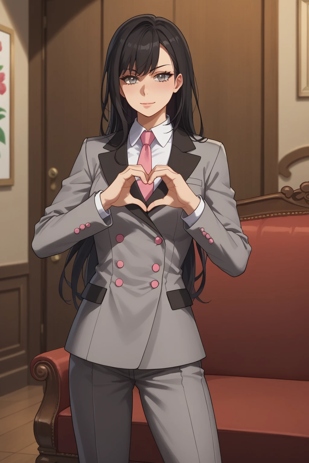 score_9, score_8_up, score_7_up, score_6_up, score_5_up, score_4_up, masterpiece, high quality, BREAK, full body, BREAK, 1girl,  <lora:Wendy Sato:0.8> Black hair, grey eyes, large breasts, grey suit, pink necktie, gauntlets, katana,  <lora:HeartBoobPose:0.9> HeartBoobPose, hand gesture, posing, heart shaped hands, over breasts, heart, heart hands,