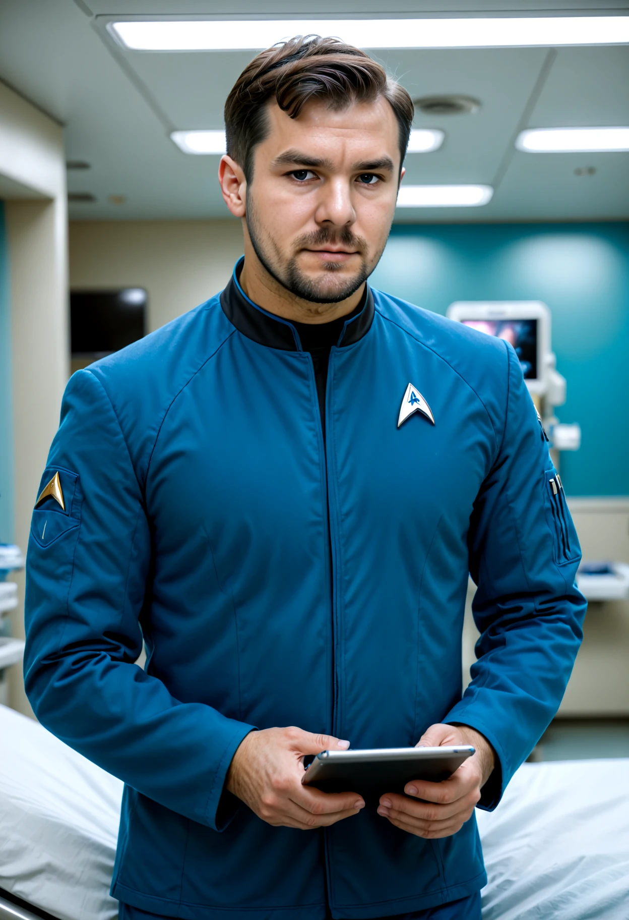 VaclavNikdo in a blue star trek uniform, in a sci-fi hospital background, holding a tablet, looking away
 <lora:RS-VaclavNikdoLoRA-XL:1>